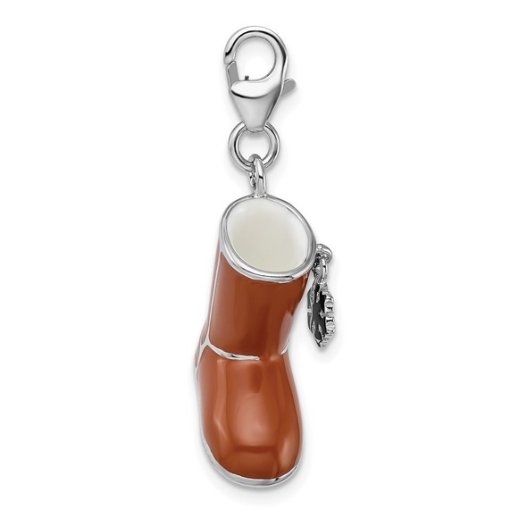 925 Sterling Silver Polished 3-D Enameled Snow Boot Bracelet Charm Lobster Clasp